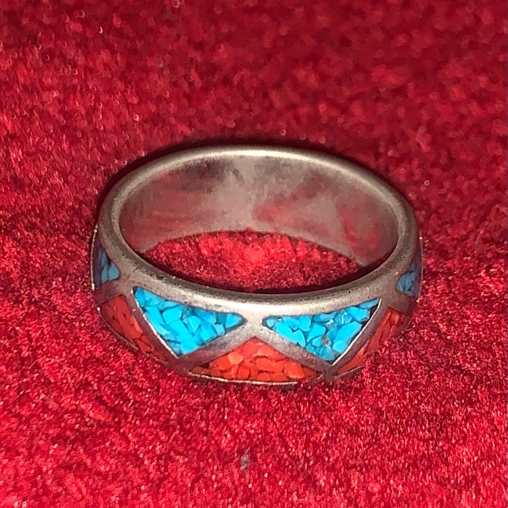 Native Sterling Turquoise & Coral Ring ( Size 12 )